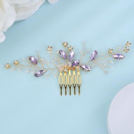 Lenjicons Crystal Rhinestone Wedding Hair Comb Purple Rhinestone Beads Wedding Headpiece Handmade Crystal Bridal Hair Comb Bridal Hair Accessories for Women (purple(gold))