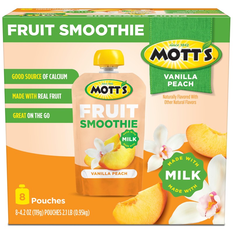 Mott’s Fruit Smoothies Vanilla Peach, 4.2 oz clear pouches, 8