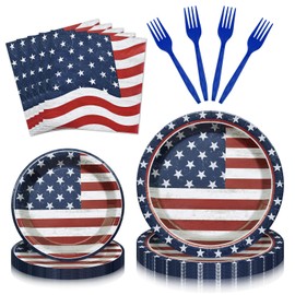 96 Pieces Patriotic Tableware Set – Vintage American Flag Disposable Dinnerware with Paper Plates, Napkins, Cups, Forks for Fourth of July, Memorial Day, Veterans Day Celebrations, Serves 24 Guests