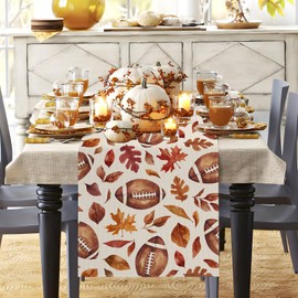 Fall Table Runner 13x36 Inch,Football with Maple Leaves Table Decors for Seasonal Harvest Autumn Thanksgiving Farmhouse Home Kitchen Dining Party