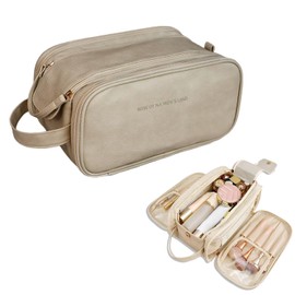 WIZONER Stylish Makeup Bag Travel Organizer - Large Waterproof Makeup Organizer for Women & Toiletry Pouch for Men, PU Leather with Multiple Compartments (khaki)