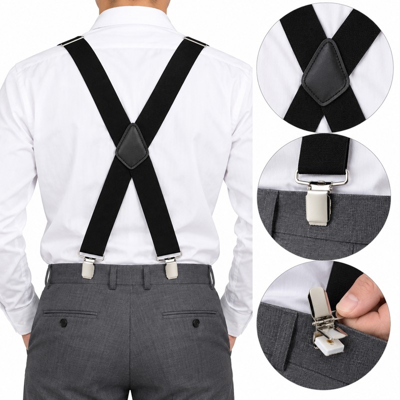 Adjustable X-Back Suspenders for Pants – Elastic 4-Clip Design for
