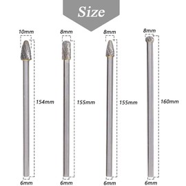 Mesee Set of 4 Tungsten Carbide Rotary Burrs, 6 Inch Long Double Cut Rotating Burr with 6mm Shank Files Rasp Bit Tools Kit for DIY Woodworking Metal Carving Polishing Engraving Drilling