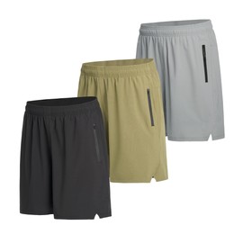 WHITE PEAK TRADING COMPANY - Paquete de 3 pantalones cortos deportivos para hombre, estilo casual, de secado rápido, con bolsillos con cierre, cordón, Negro, oliva y gris, Small
