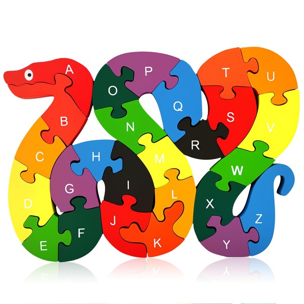 LovesTown Montessori Wooden Alphabet Puzzle for Toddlers, Snake ABC Learning