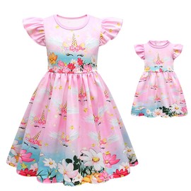 Doll and Girl Matching Unicorn Print Dress Daily Outfit for Girls and 18" Dolls Clothes