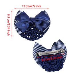 Penta Angel Bowknot Hair Snood Net Barrette 2Pcs Elastic Crochet Knit Invisible Mesh Hair Bun Holder Cover Large Satin Bow Hair Clips for Women Girls Working Styling Accessory (Stripe Blue)