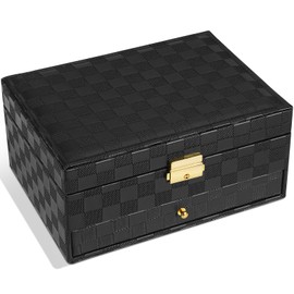 GUOER Jewelry Box for Women Girl Wife - Large PU Leather Jewelry Organizer Storage Case with Two Layers Display for Earrings Bracelets Rings Watches (Checkered Black)