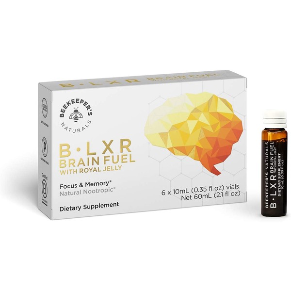 BEEKEEPER'S NATURALS B.LXR Brain Fuel - Memory, Focus and Clarity Liquid Formula, Supports Productivity - Royal Jelly, Ginkgo Biloba, Bacopa Monnieri - Keto Friendly, Gluten & Caffeine-Free, (6 ct)