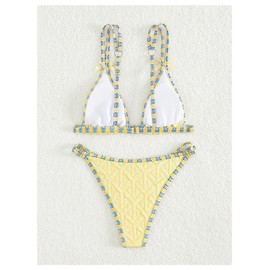 WDIRARA - Conjunto de bikini de 2 piezas con lazo, triángulo, con textura, bonito traje de baño, Amarillo, Large
