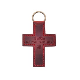 Cross Bible Keychain - Hand-Stitched Genuine Cowhide Leather Keychain Strap - Faith Can Move Mountains Matt. 17:20 Stamped Scripture - Luxury Christian Bible Verse Gift Accessory for Men & Women