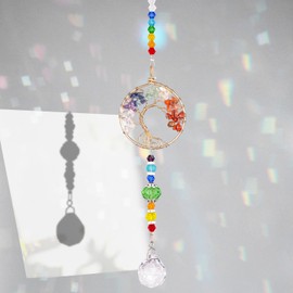 Sahoottie Hanging Crystals Sun Catcher for Windows Gold Round Bent Root Tree of Life Sun Catcher Wind Chime for Garden Bedroom Crystal Decor