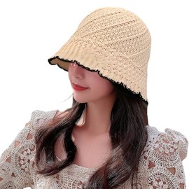 [Guo.KK7] レディース ハット 麦わら帽子 UVカット日除け帽子 紫外線対策 ファッション バケットハット 織り フリルエッジカットアウト 薄い かわいい カバーフェイス 小顔効果 通気性 エレガント 持ち運びに便利 アウトドア 海辺 登山 春夏