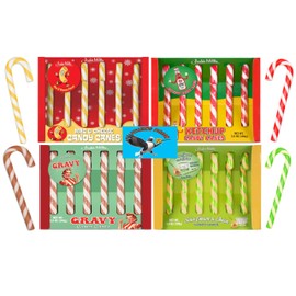 Archie McPhee Mac & Cheese, Ketchup, Gravy and Sour Cream & Onion Christmas Holiday Candy Canes - Stocking Stuffers - Funny Novelty - Weird Prank, Gag, Joke -24 ct.- 6 of Each Flavor - Includes PITCHING PIGEON Brand Magnet