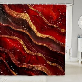 Marble Print Shower Curtains,Gold Marbling Geometric Stripes Bathroom Curtains for Boys Girls Adults,Artwork Abstract Stone Red Black Bright Waterproof Curtains,12 Hooks Suits,72" W x 84" L