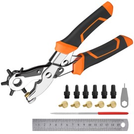 Diyife Leather Punch Pliers, Double Lever Hole Pliers,Belt Hole Punchers, Replacement Stamp & Copper Pad, Copper Plating 6 Hole Sizes PVC Material, for Fabric, Card, Rubber, Watch Belts, Purses