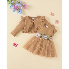 Toddler Girls Flower Dress Brown Sequin Dresses 18 Month Girl Clothes Winter Sleeveless Tutu Dress with Long Sleeve Cardigan Set Birthday Party Princess Wedding Dresses for Girl 18-24 Months