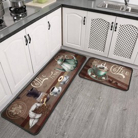 2 Piece Coffee Kitchen Decor Rugs Set, Farmhouse Country Kitchen Rugs and Mats Non Skid Washable Absorbent Microfiber Kitchen Accessories Decoration Floor Mats 17"x47"+17"x30"