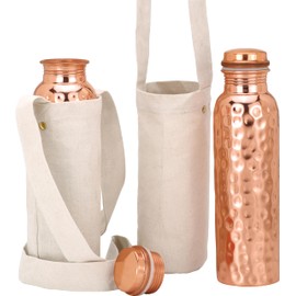 Kitchen Science Copper Water Bottle Pack of 2 | 2 Ayurvedic Copper Bottles for Drinking Water | Extra Large 32oz Copper Vessel | 2 Canvas Bottle Carrying Bags