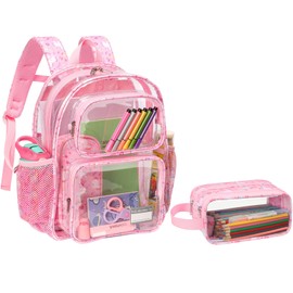 Bagseri 2pcs Clear Backpack for Girls - 15 Inch Backpack and Clear Pencil Case Set, Heavy Duty Transparent Bookbag for School, See Through Bag for Kids Aged 3 to 8, Pink Unicorn