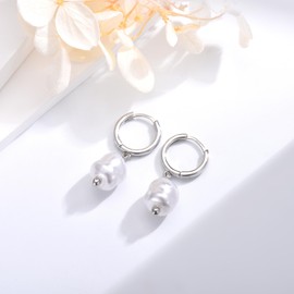Pearl Drop Earrings for Women, 925 Sterling Silver Huggie Hinged Hoop Dangle Earrings Hypoallergenic Irregular Pearl Drops Earrings Jewellery Gifts for Ladies Girls