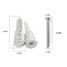 Drywall Anchor Kit 100pcs – Self Drilling Wall Plugs & 304 Stainless Screws (#8), for Plasterboard & Gyprock Wall – White