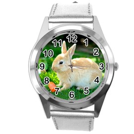 TAPORT Silver Leather Round Quartz Watch for Rabbits Fans e2