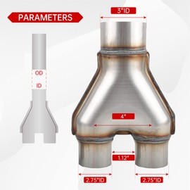 FGJQEFG T409 Stainless Steel Y Pipe 3'' Inch ID Single to 2.75'' Inch ID Dual Stamped Exhaust Adapter Connector, Overall Length: Approx. 10", Universal