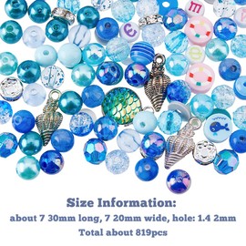 SUPERFINDINGS 819pcs Blue Jewelry Beads Including 16 Style Round Glass Beads 4 Style Polymer Clay Beads Spacers Cute Ocean Style Enamel Charms