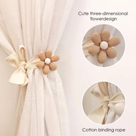 SRG 4PCS Curtain Tiebacks | Boho Flower Curtain Holdbacks | Simple Elegant Sunflower Curtain Holders | Boho Bedroom Decor（2Pcs Cream&2Pcs Khaki）