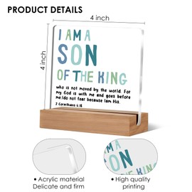 Welshower Inspirational Christian Desk Decor, I Am a Son of the King Religious Bible Verse Acrylic Plaque Sign for Home Office Nursery Kids Room Bedroom Desk Tabletop Decor, 4x4 Inch