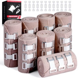 FRESINIDER Elastic Bandage Wrap 8 Pack(4 X 3 + 4 X 4 Wide Rolls) + 48 Clips | Stretch Compression Bandage Stretches up to 15ft | Ideal for Medical, Sports, Sprains, Calf, Ankle & Foot