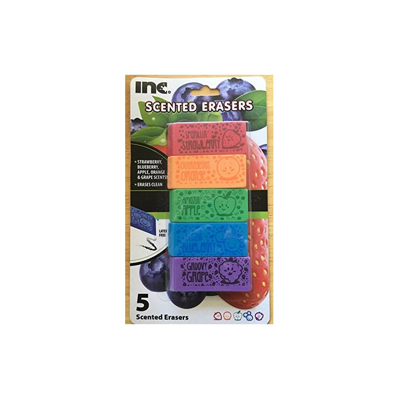 I-N-C Fruit Scented Latex-Free Erasers 5 Count,Red, Orange, Green, Blue