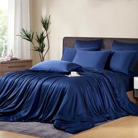 YASMENG Bamboo Bed Linen 135 x 200 cm Blue Plain Bed Linen 50% Bamboo Lyocell Bed Linen Soft Breathable Luxury Silky Silk Bed Linen 2-Piece with Zip and 80 x 80 cm Pillowcase