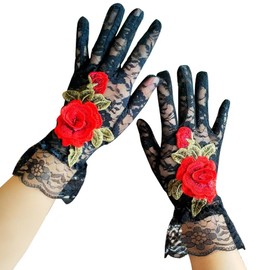 Women's Lace Short Mitten Gloves with Embroidered Flowers - for Brides, Weddings, Cocktail Parties, Tea Parties, Opera, Evenings, Dances & Elegant Short Courtesy Gloves. (Black with Red Flowers)