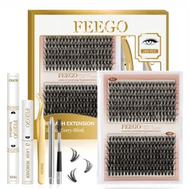 FEEGO Fluffy Eyelash Extensions Kit With Cluster Lashes, Applicator for Beginners, Individual Lashes, Lash Bond, Seal Glue, Remover (3040D Charming Kit)