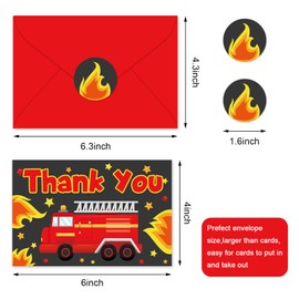 Whaline 24Pcs Firetruck Thank You Cards with Envelopes and Stickers Red Black Fire Hydrant Star Greeting Card Blank Note Card for Fireman Party Supplies