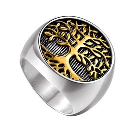 HIJONES Mens Stainless Steel Religious Vintage Classic Tree of Life Signet Rings Round for Anniversary Silver Gold Size Z