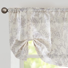 Lazzzy Kitchen Tie Up Valance Curtain Linen Floral Farmhouse Valance for Living Room Bathroom Bedroom Country Valances Window Treatments Small Cafe Curtian 20 Inch Rod Pocket 1 Panel Grey on Beige