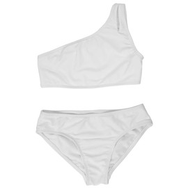 DUSISHIDAN Girls Solid Color One Shoulder Bikini, White, 10-12