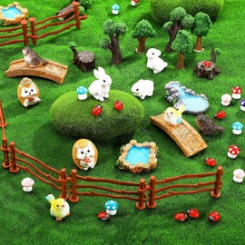 Wooden Pile Spring Garden Miniature Figurines Fairy Village Accessories Mini Animal Sets Micro Landscape Pond Mushroom Bridge Tree Ornament for Spring Moss Bonsai Home Garden DIY Craft Decor