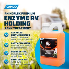 Camco RhinoFLEX Premium Enzyme RV Holding Tank Treatment | Features a Biodegradable Septic Safe Formula, a Pine Scent, and is Ideal for RVing, Boating, and More | 64 oz (41514)