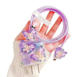Protector de cable para cargador de iPhone 18W/20W, mariposa 3D Kawaii, cubierta de cargador suave con forma ondulada de estilo femenino, protector de cable de carga para iPad, protector de cable
