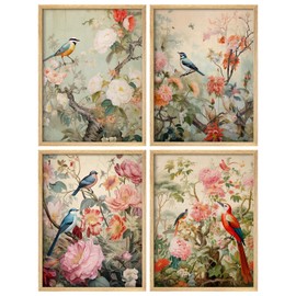 SIGNWIN Framed Set Chinoiserie Bird and Flower Vintage Asian Inspired Floral Illustrations Modern Art Decorative Scenic Multicolor Nature Wilderness for Bedroom - 8"x10"x 4 Natural