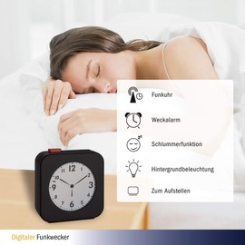 TFA Dostmann Funk-Wecker, 60.2555.01, mit LCD Display mit analoger Zeitanzeige, ideal als Reisewecker, Weckalarm, schwarz/rot, Kunststoff, (L) 72 x (B) 27 x (H) 77 mm