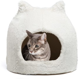 Best Friends by Sheri Meow Hut in Fur Cover Dome Hut Medium Dog and Cat Bed in Ivory