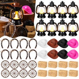 Ferraycle 60 Pcs Cowboy Theme Party Decoration Western Party Decor Rodeo Table Centerpieces Rustic Mini Cowboy Hat Lantern Horseshoe Wagon Wheel Hay Bales for Adult Cowgirl Country Party (Multicolour)