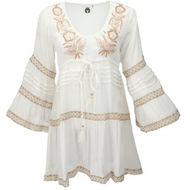 GURU SHOP Women's Embroidered Hippie Tunic Synthetic Crinkle Blouse, natural white