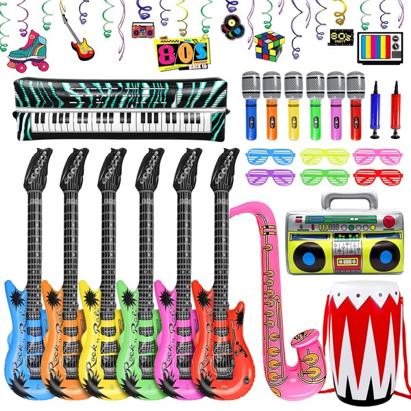 32Pcs Inflatable Instruments Accessories Set,Neon Inflatable Party Prop Inflatable Guitar