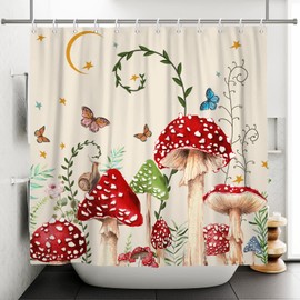 Boho Mushroom Shower Curtain Retro Floral Plants Moon Stars Vintage Botanical Watercolor Wildflowers Aesthetic Leaves Bathroom Decor Set with Hooks 72x72 Inch Mid Century